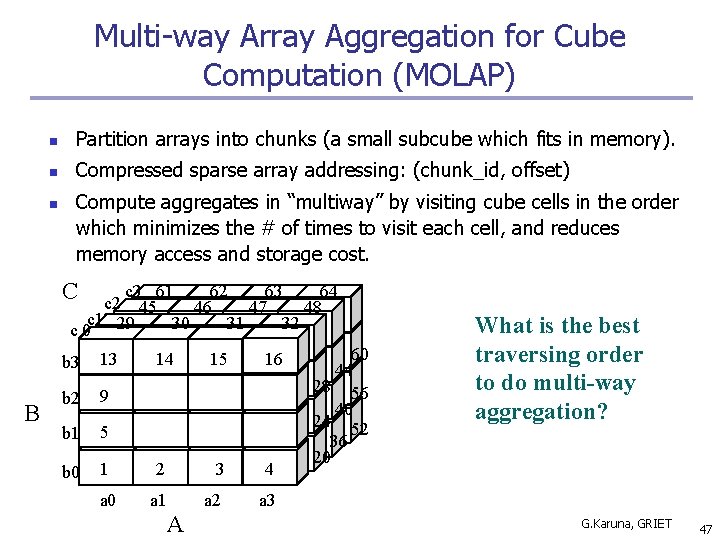 Multi-way Array Aggregation for Cube Computation (MOLAP) n Partition arrays into chunks (a small