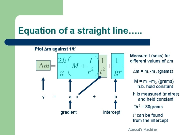 Equation of a straight line…. . Plot Dm against 1/t 2 Measure t (secs)