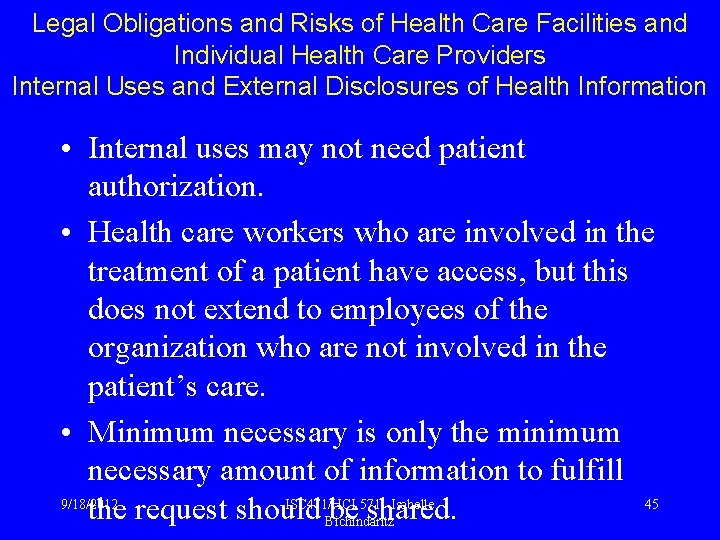 Legal Obligations and Risks of Health Care Facilities and Individual Health Care Providers Internal