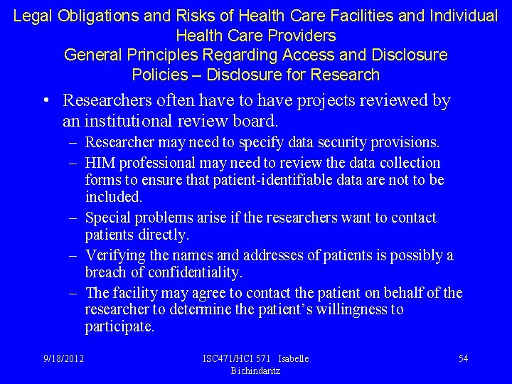 Legal Obligations and Risks of Health Care Facilities and Individual Health Care Providers General