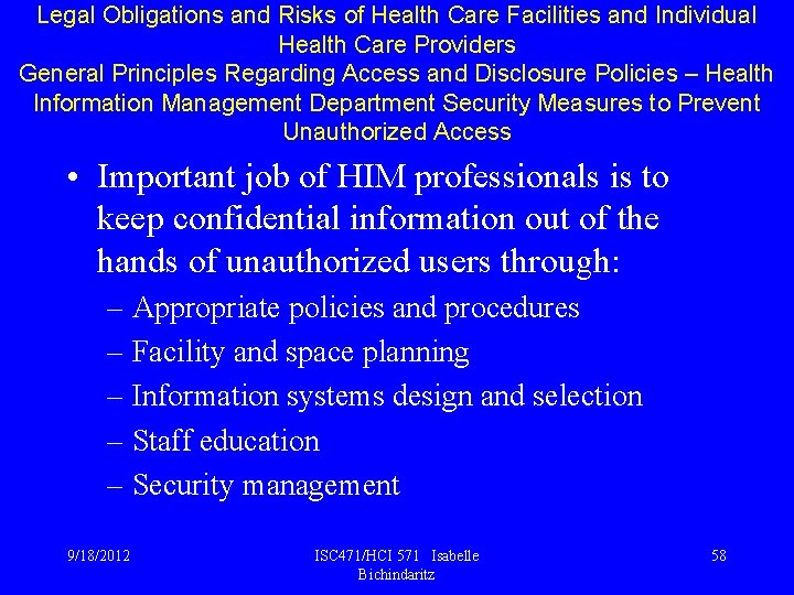 Legal Obligations and Risks of Health Care Facilities and Individual Health Care Providers General