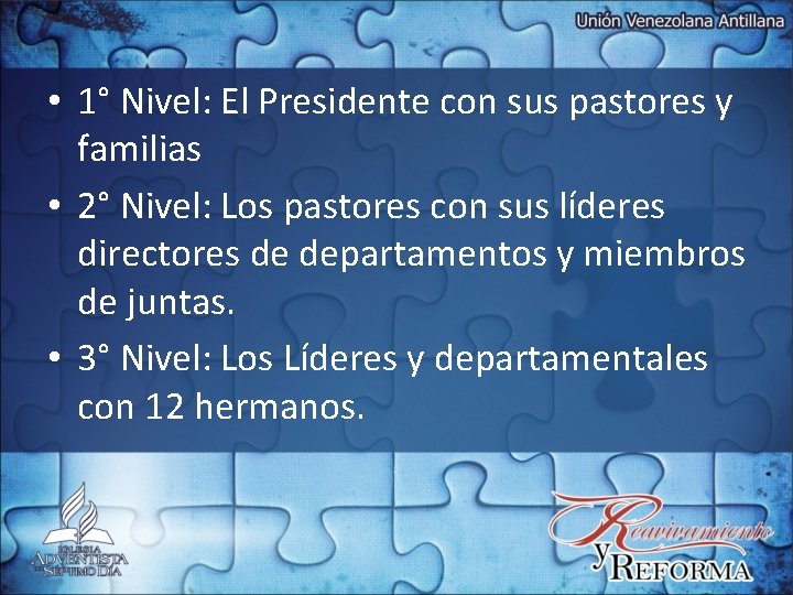 • 1° Nivel: El Presidente con sus pastores y familias • 2° Nivel: • 1° Nivel: El Presidente con sus pastores y familias • 2° Nivel: