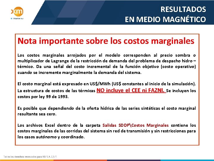 RESULTADOS EN MEDIO MAGNÉTICO Nota importante sobre los costos marginales Los costos marginales arrojados