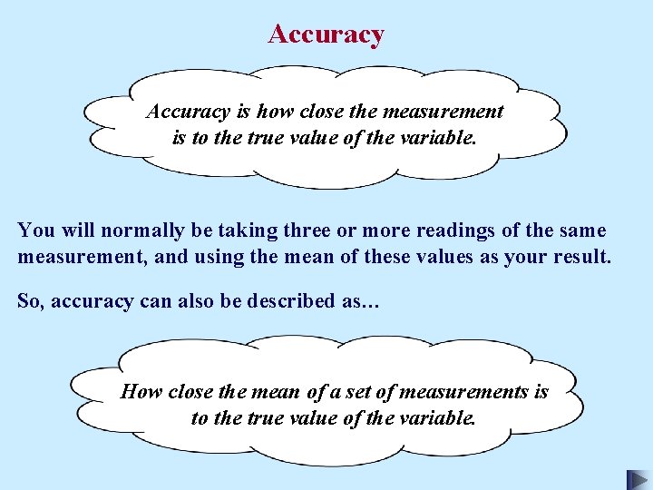 Accuracy is how close the measurement is to the true value of the variable.
