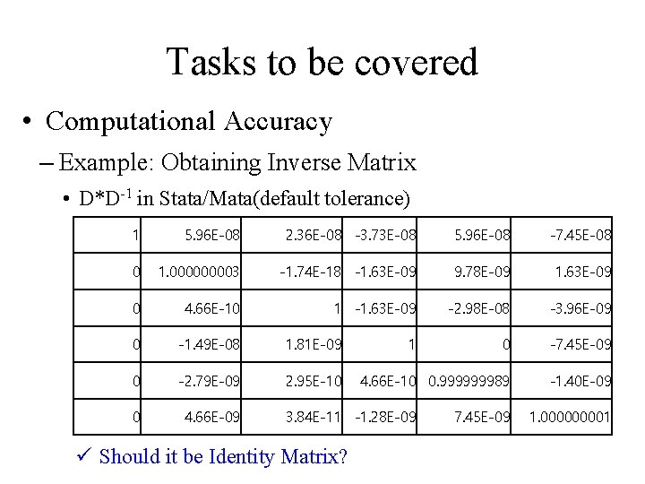 Tasks to be covered • Computational Accuracy – Example: Obtaining Inverse Matrix • D*D-1