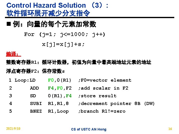 Control Hazard Solution （3）: 软件循环展开减少分支指令 n 例：向量的每个元素加常数 For (j=1; j<=1000; j++) x[j]=x[j]+s; 编译： 整数寄存器R