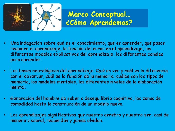 Marco Conceptual… ¿Cómo Aprendemos? • Una indagación sobre qué es el conocimiento, qué es