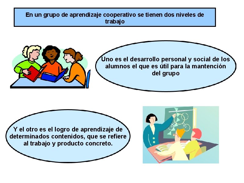 En un grupo de aprendizaje cooperativo se tienen dos niveles de trabajo Uno es