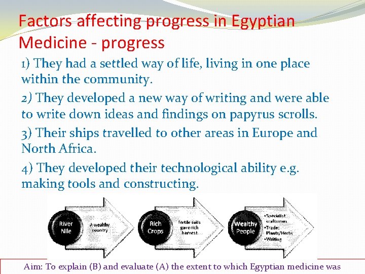 Factors affecting progress in Egyptian Medicine - progress 1) They had a settled way