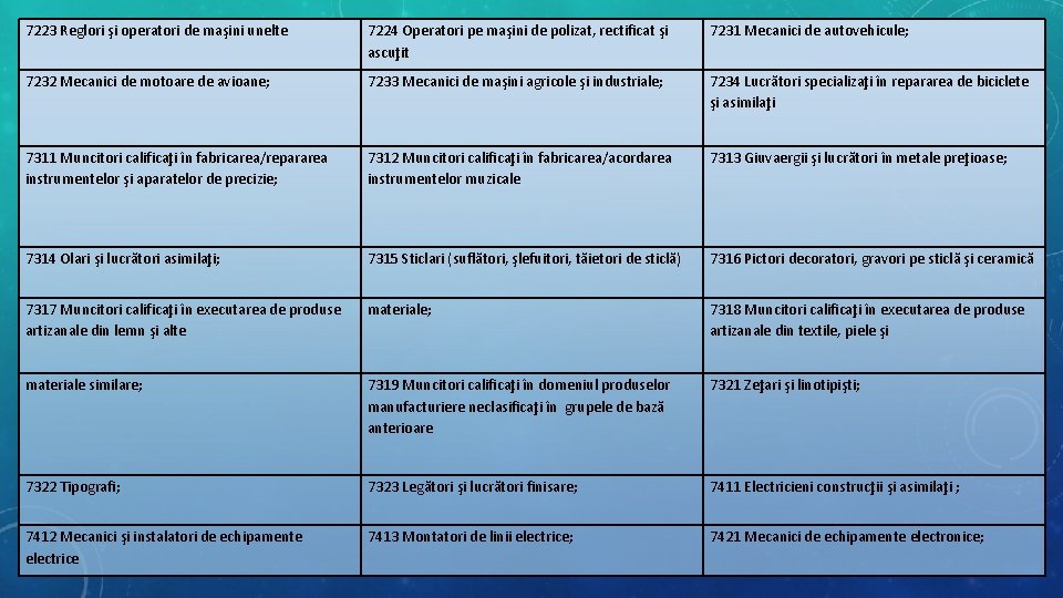 7223 Reglori şi operatori de maşini unelte 7224 Operatori pe maşini de polizat, rectificat