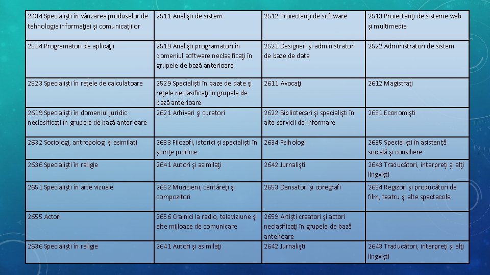 2434 Specialişti în vânzarea produselor de tehnologia informaţiei şi comunicaţiilor 2511 Analişti de sistem