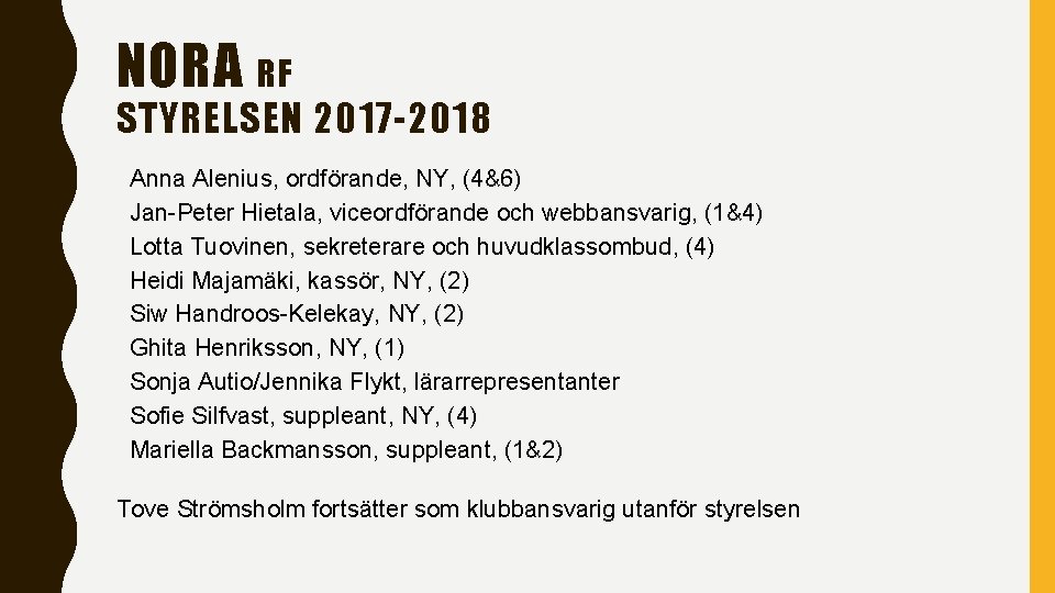 NORA RF STYRELSEN 2017 -2018 Anna Alenius, ordförande, NY, (4&6) Jan-Peter Hietala, viceordförande och