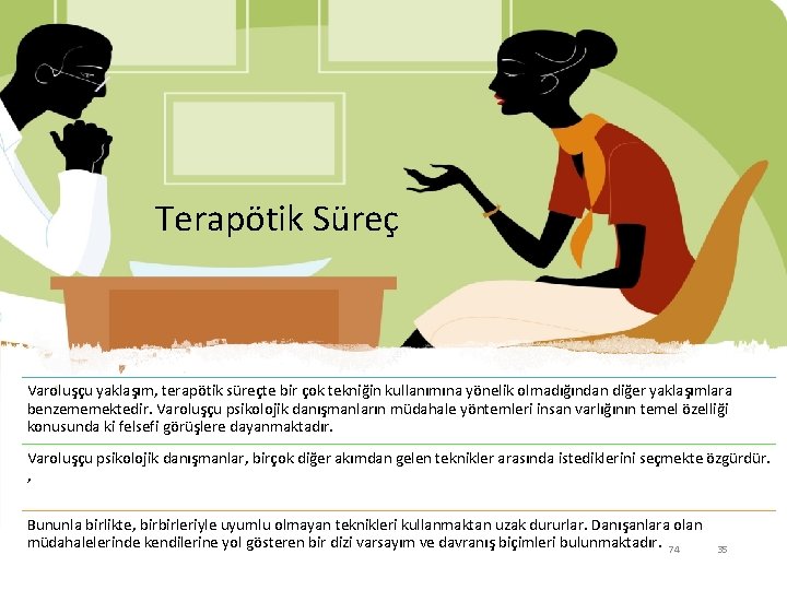 Terapötik Süreç Varoluşçu yaklaşım, terapötik süreçte bir çok tekniğin kullanımına yönelik olmadığından diğer yaklaşımlara