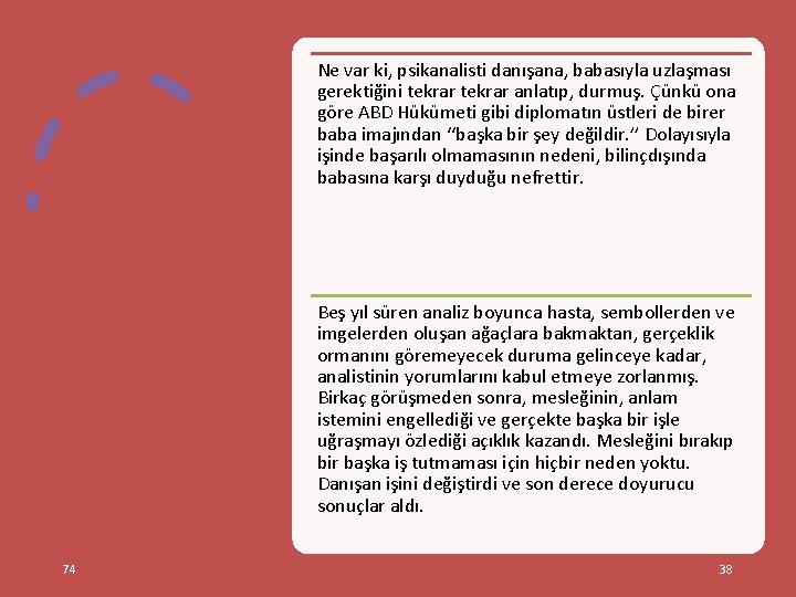 Ne var ki, psikanalisti danışana, babasıyla uzlaşması gerektiğini tekrar anlatıp, durmuş. Çünkü ona göre