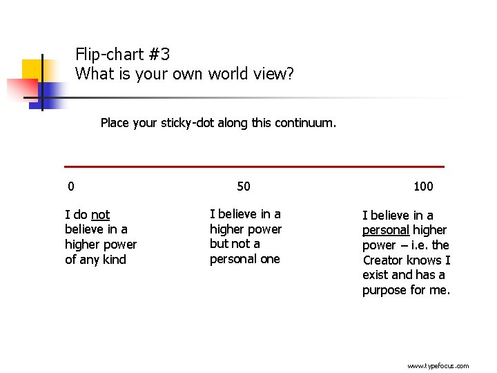 Flip-chart #3 What is your own world view? Place your sticky-dot along this continuum.