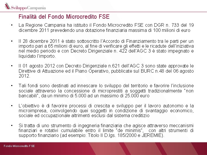 Finalità del Fondo Microcredito FSE • La Regione Campania ha istituito il Fondo Microcredito