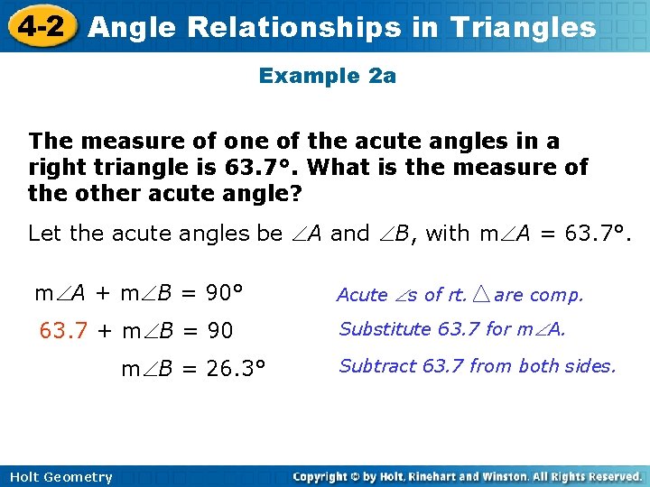 4 -2 Angle Relationships in Triangles Example 2 a The measure of one of