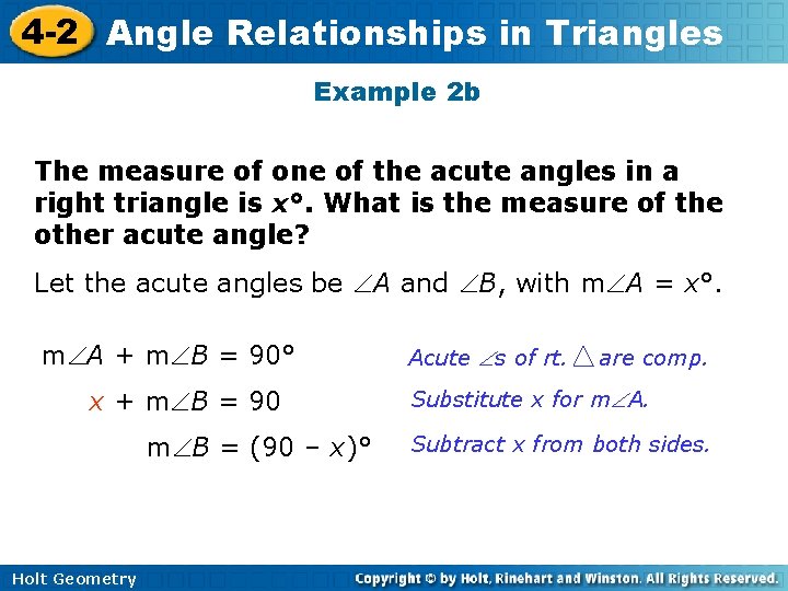 4 -2 Angle Relationships in Triangles Example 2 b The measure of one of