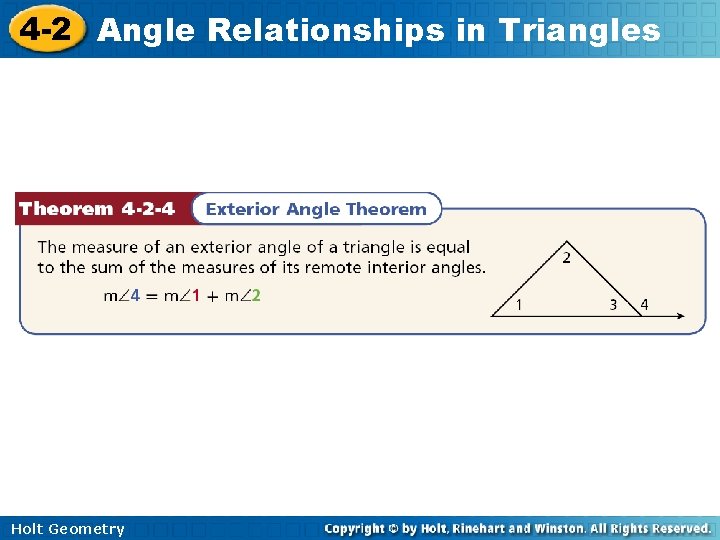 4 -2 Angle Relationships in Triangles Holt Geometry 