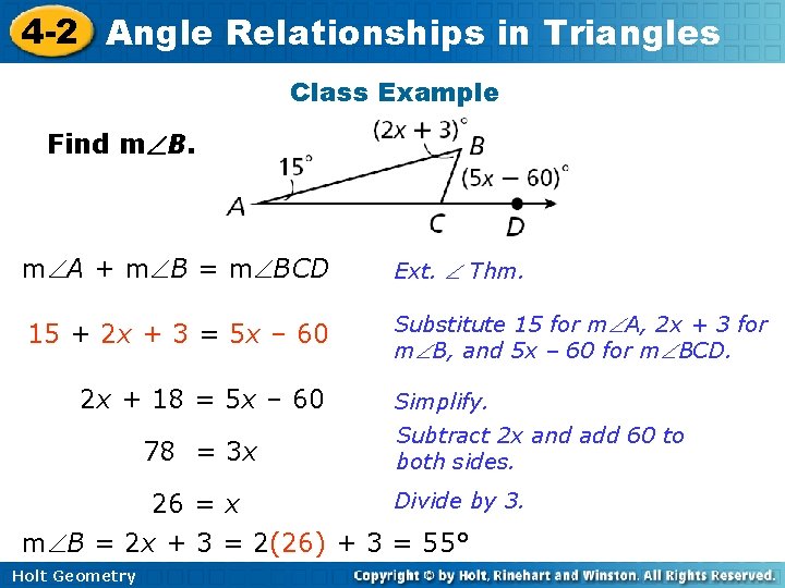 4 -2 Angle Relationships in Triangles Class Example Find m B. m A +