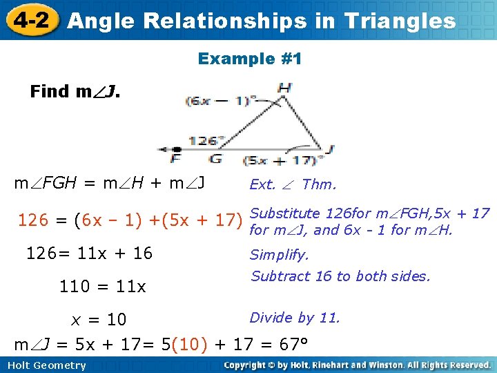 4 -2 Angle Relationships in Triangles Example #1 Find m J. m FGH =