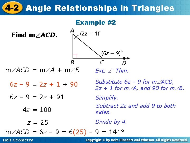 4 -2 Angle Relationships in Triangles Example #2 Find m ACD = m A