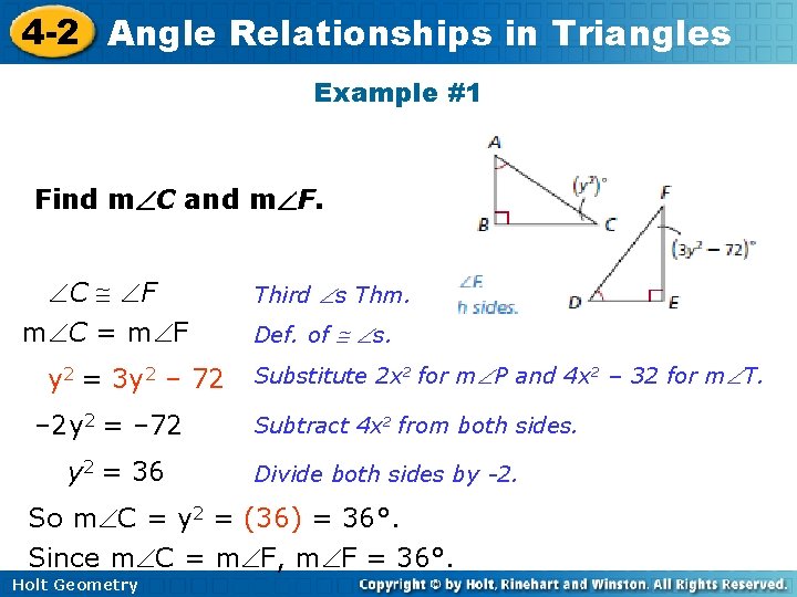 4 -2 Angle Relationships in Triangles Example #1 Find m C and m F.