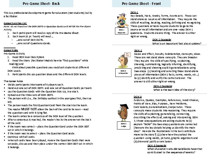 Pre-Game Sheet- Back Pre-Game Sheet - Front This is a professional development game for