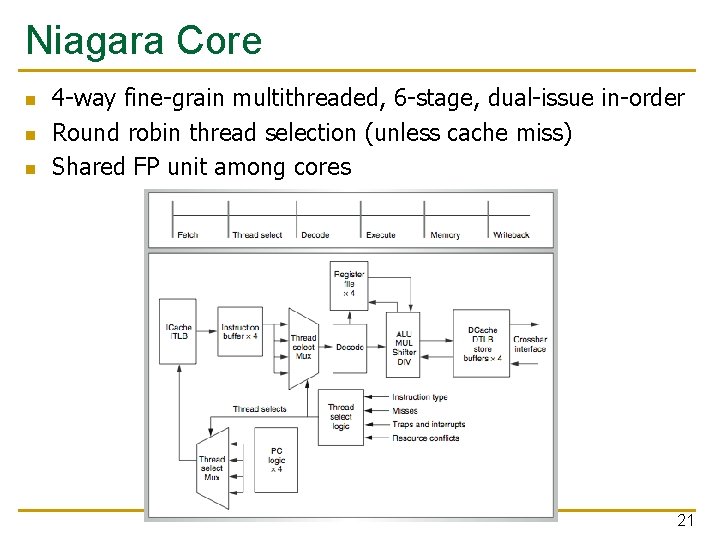 Niagara Core n n n 4 -way fine-grain multithreaded, 6 -stage, dual-issue in-order Round