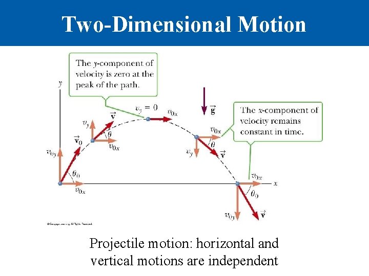 Two-Dimensional Motion Projectile motion: horizontal and vertical motions are independent 