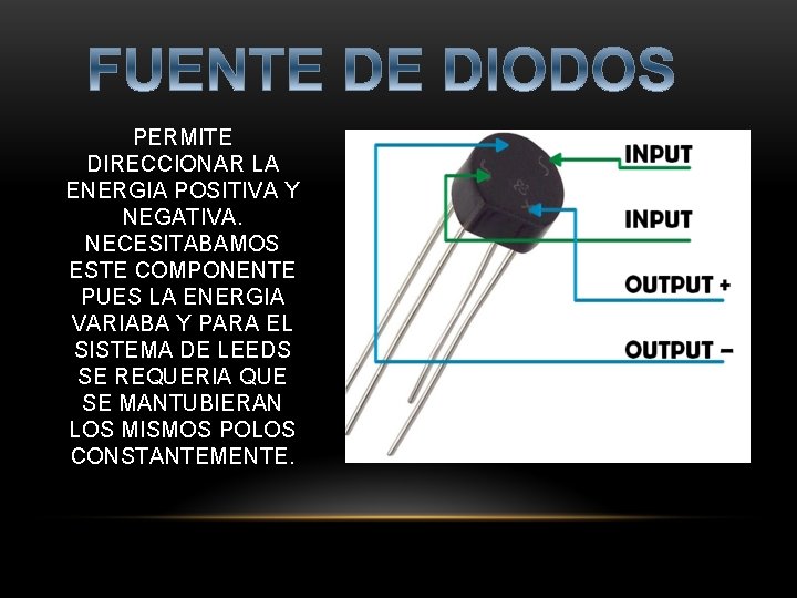 PERMITE DIRECCIONAR LA ENERGIA POSITIVA Y NEGATIVA. NECESITABAMOS ESTE COMPONENTE PUES LA ENERGIA VARIABA