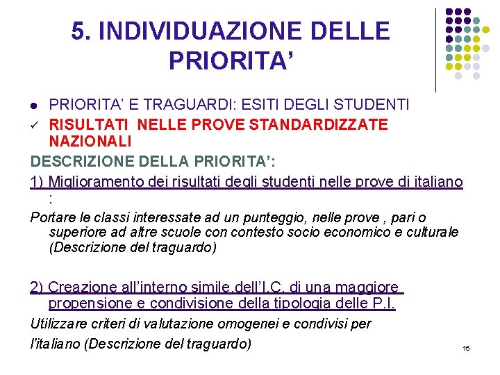 5. INDIVIDUAZIONE DELLE PRIORITA’ E TRAGUARDI: ESITI DEGLI STUDENTI ü RISULTATI NELLE PROVE STANDARDIZZATE