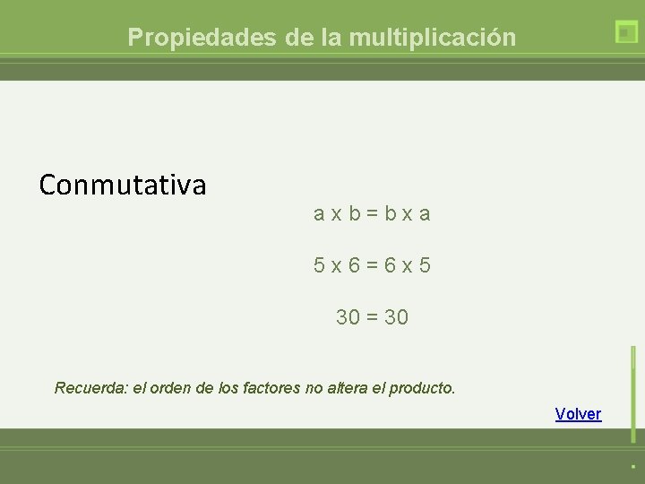 Propiedades de la multiplicación Conmutativa axb=bxa 5 x 6=6 x 5 30 = 30