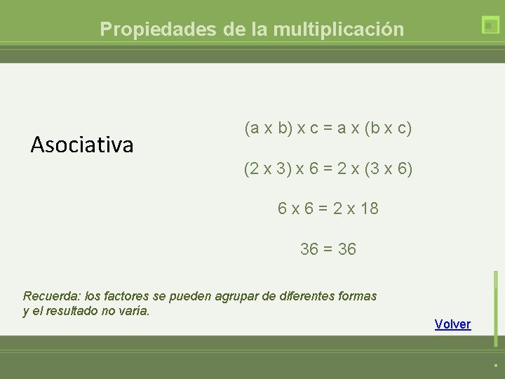 Propiedades de la multiplicación Asociativa (a x b) x c = a x (b