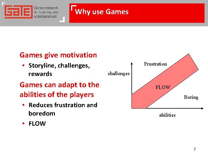 Why use Games give motivation • Storyline, challenges, rewards Games can adapt to the