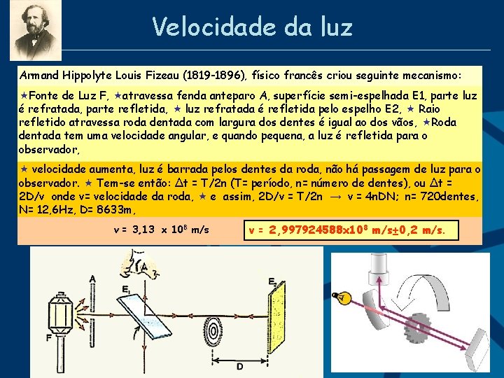 Velocidade da luz Armand Hippolyte Louis Fizeau (1819 -1896), físico francês criou seguinte mecanismo: