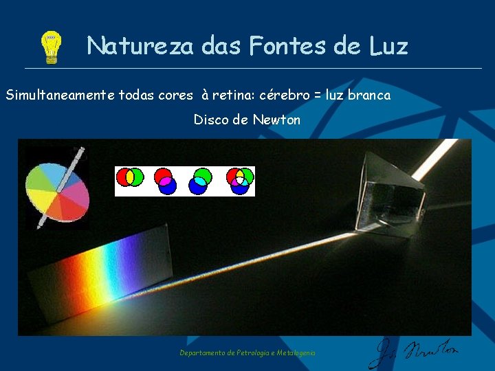 Natureza das Fontes de Luz Simultaneamente todas cores à retina: cérebro = luz branca