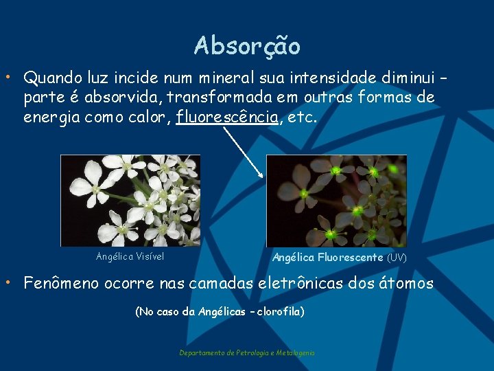 Absorção • Quando luz incide num mineral sua intensidade diminui – parte é absorvida,