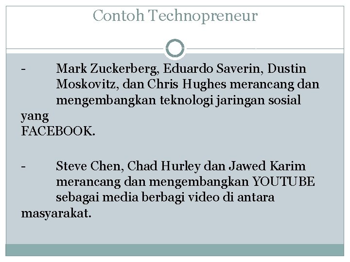 Contoh Technopreneur - Mark Zuckerberg, Eduardo Saverin, Dustin Moskovitz, dan Chris Hughes merancang dan