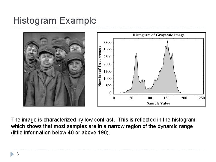 Histogram Example The image is characterized by low contrast. This is reflected in the