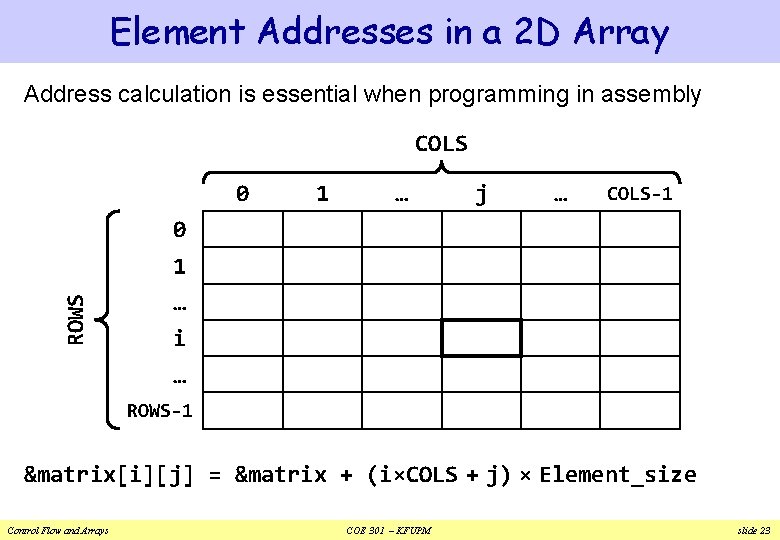 Element Addresses in a 2 D Array Address calculation is essential when programming in