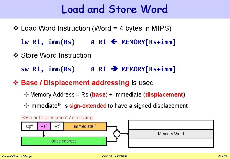 Load and Store Word v Load Word Instruction (Word = 4 bytes in MIPS)