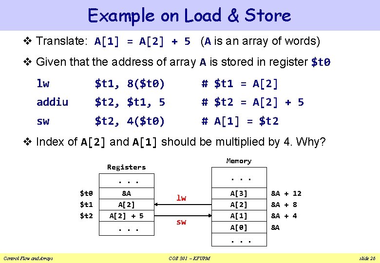 Example on Load & Store v Translate: A[1] = A[2] + 5 (A is