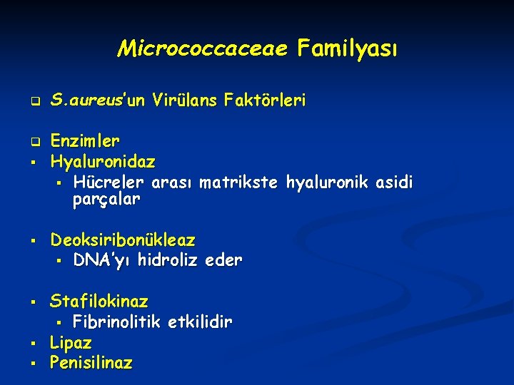 Micrococcaceae Familyası q q § § § S. aureus’un Virülans Faktörleri Enzimler Hyaluronidaz §