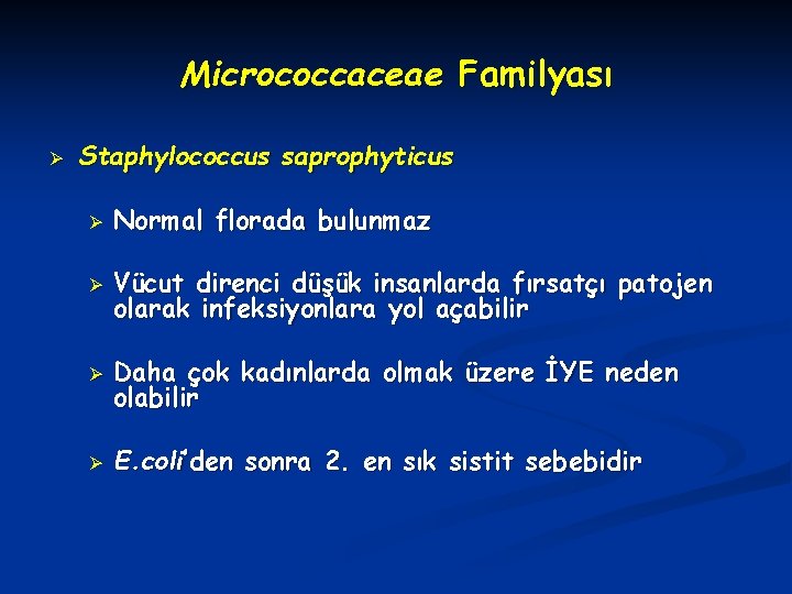 Micrococcaceae Familyası Ø Staphylococcus saprophyticus Ø Normal florada bulunmaz Ø Vücut direnci düşük insanlarda