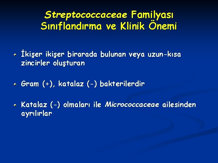 Streptococcaceae Familyası Sınıflandırma ve Klinik Önemi İkişer ikişer birarada bulunan veya uzun-kısa zincirler oluşturan