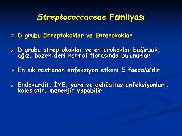 Streptococcaceae Familyası q D grubu Streptokoklar ve Enterokoklar Ø D grubu streptokoklar ve enterokoklar