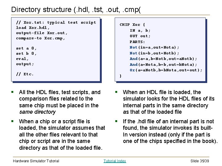Directory structure (. hdl, . tst, . out, . cmp( // Xor. tst: typical