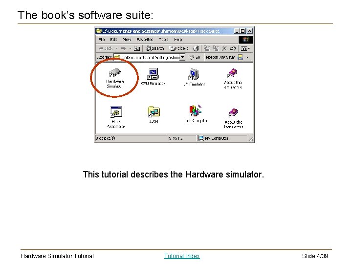 The book’s software suite: This tutorial describes the Hardware simulator. Hardware Simulator Tutorial Index