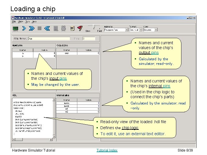 Loading a chip § Names and current values of the chip’s output pins §